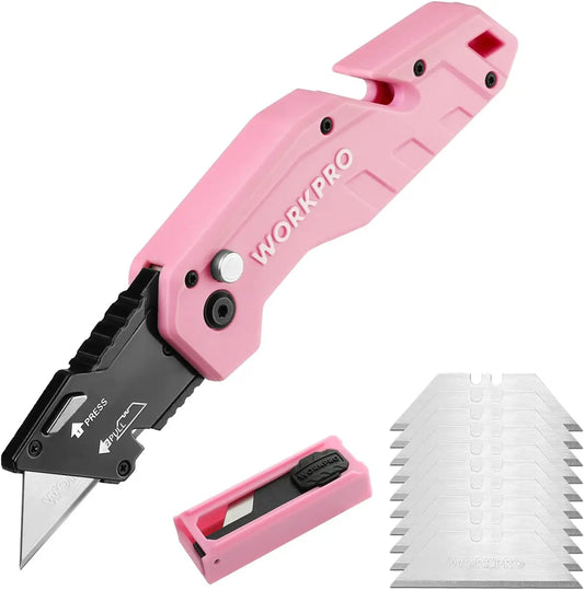 Pink Folding Utility Knife with Quick-Change Blades for Cartons and Boxes, 10 Extra Blades Included