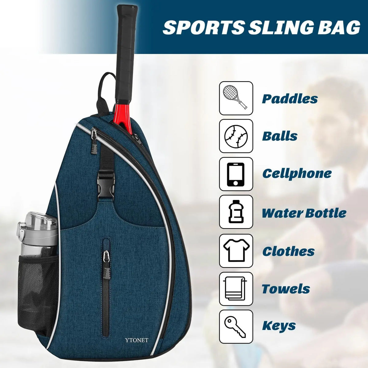 Tennis Sling Backpack Crossbody Water Resistant for Men Women, Compatible for Pickleball Badminton Rackets
