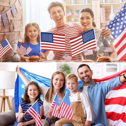 150 Pack Small American Flags on Stick, 8x12 Inch Mini US Hand Held Wooden Stick Flags with Spear Top, 4th of July Independence