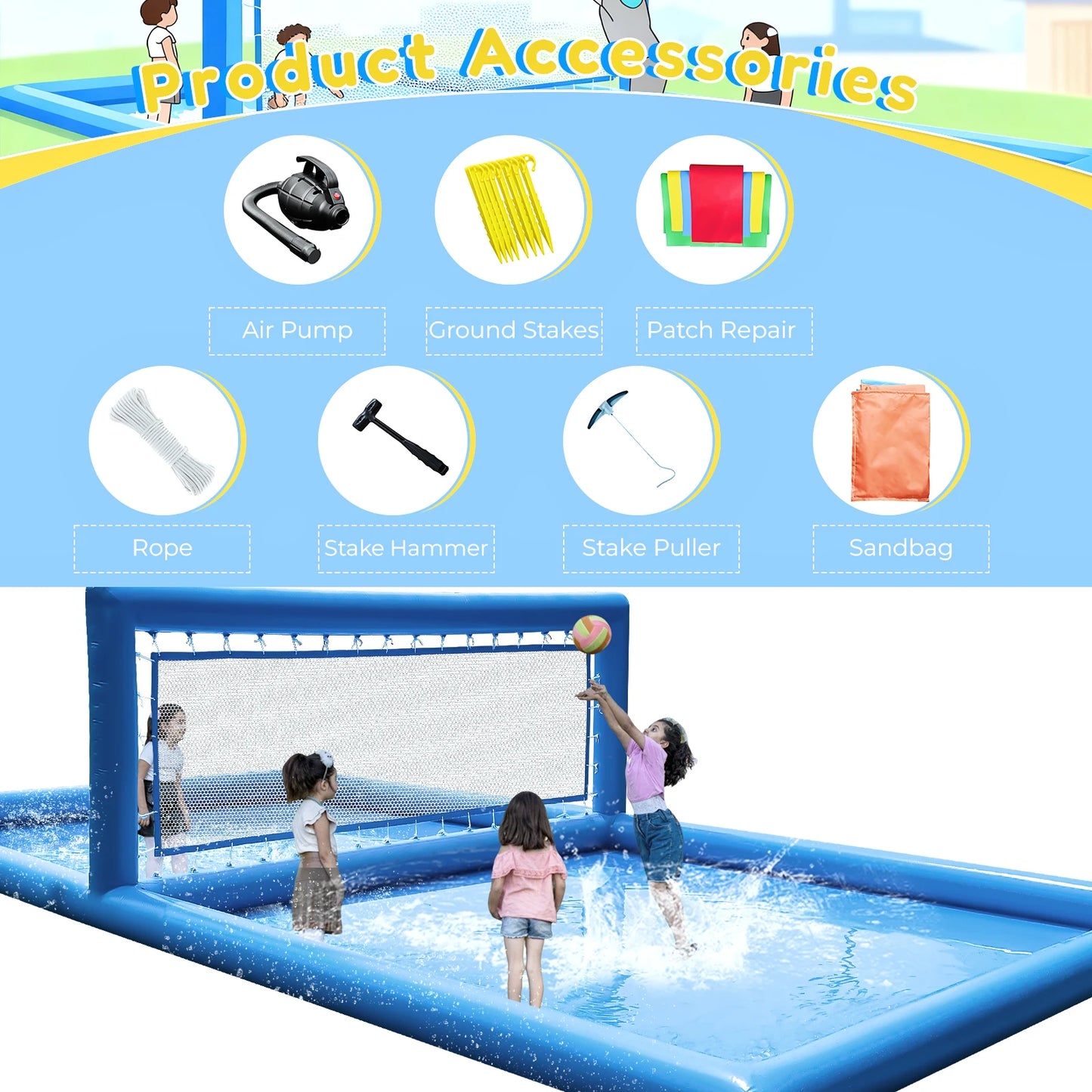 33ft Inflatable Volleyball Court Pool with Air Pump - Commercial Grade Outdoor Volleyball Net for Pool/Beach Volleyball