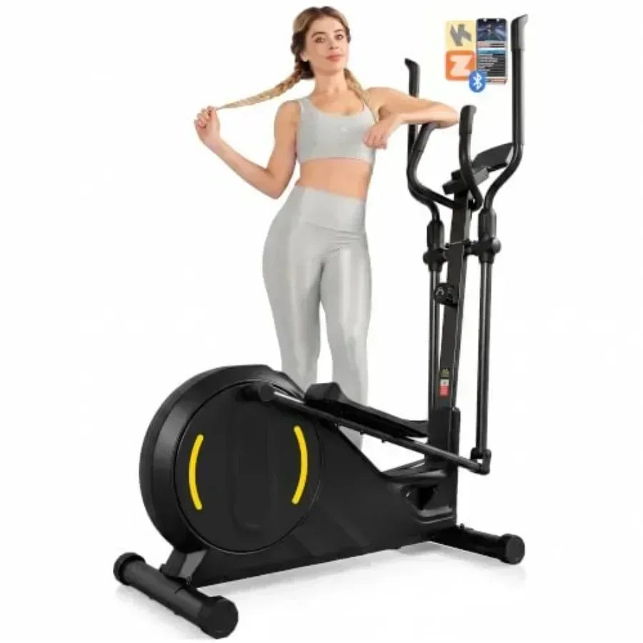 Home Gym Elliptical Exercise Machine with Hyper-quiet Magnetic Driving System, Black Steel Frame, 16 Resistance Levels, 15.5-in