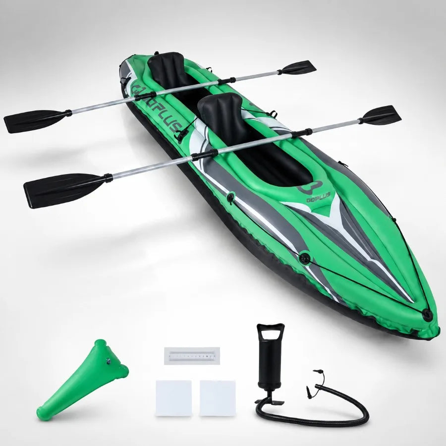 Inflatable Kayak For Lake And River Fishing, PVC Material, Blue And Gray, Durable Heavy-Duty Tandem Touring Design With Aluminu