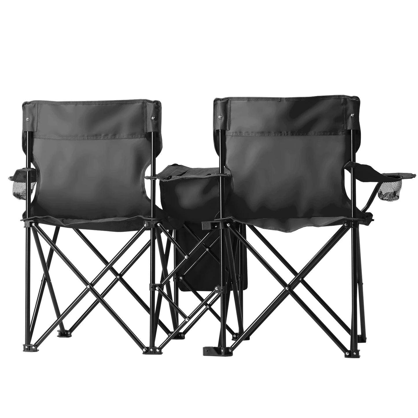 Portable Outdoor 2 Seat Folding Chair with Removable Sun Umbrella Steel Tube Oxford Fabric Heavy Duty for Fishing Black
