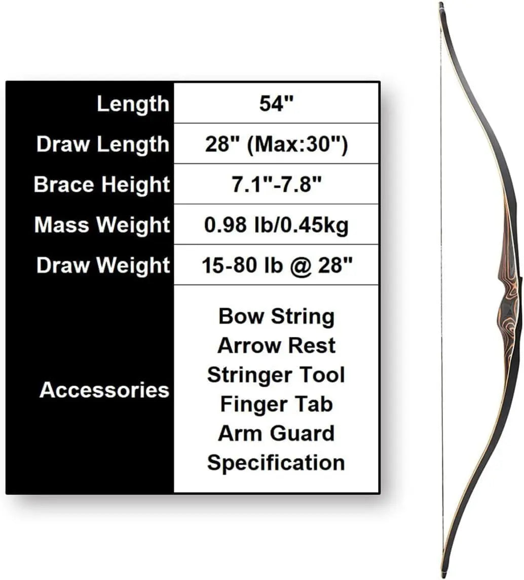 54" Traditional Recurve Bow for Hunting & Target Practice, 15-80 lbs Draw Weight, RH/LH, Bamboo Core Limbs