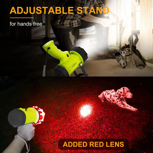 200,000 Lumen Rechargeable Spotlight, IP67 Waterproof, 550 Yard Beam, Long Running, Foldable Stand & Red Lens