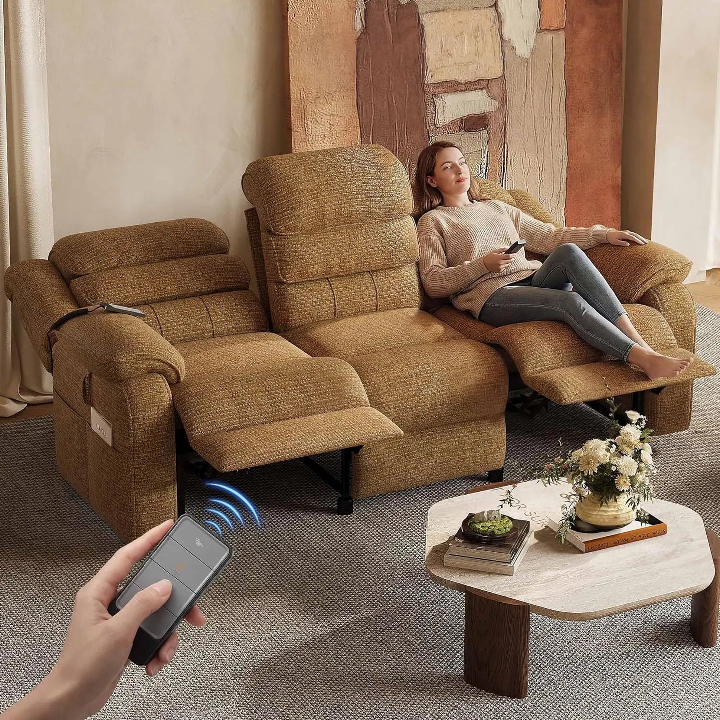 Power Reclining 3 Seater Electric Sofa Dual Motors Remote Chenille Side Pockets Living Room Game Room 76.5in, Custom