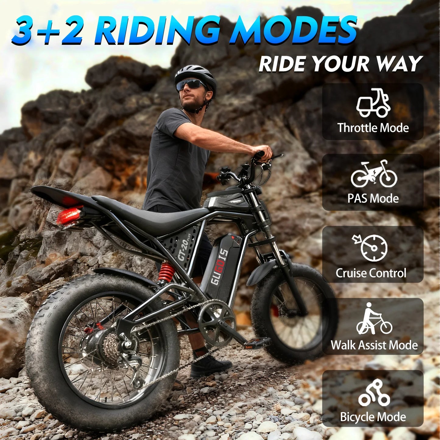 GT20Plus Electric Dirt Bike for Adults & Teens with Bag, 1500W Peak Motor, 48V 20AH Battery UL2849 & GCC Certified, 34MPH, 60 Miles (PAS Mode), 7 Speed Gear, Full Suspension, 20x4.0" Fat Tire All Terrain Electric Motorcycle f