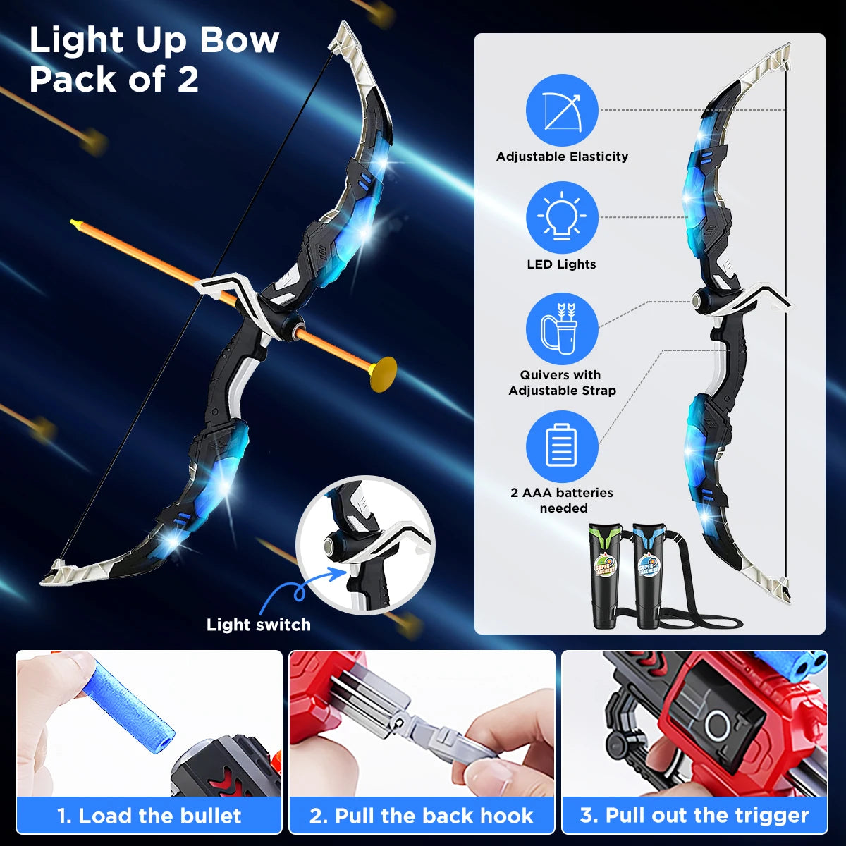 VATOS 2X Bow Arrow + Guns Toy For Kids Night-Light Archery Stand Target Board Indoor Outdoor Game Toys Boys Girls Christmas Gift