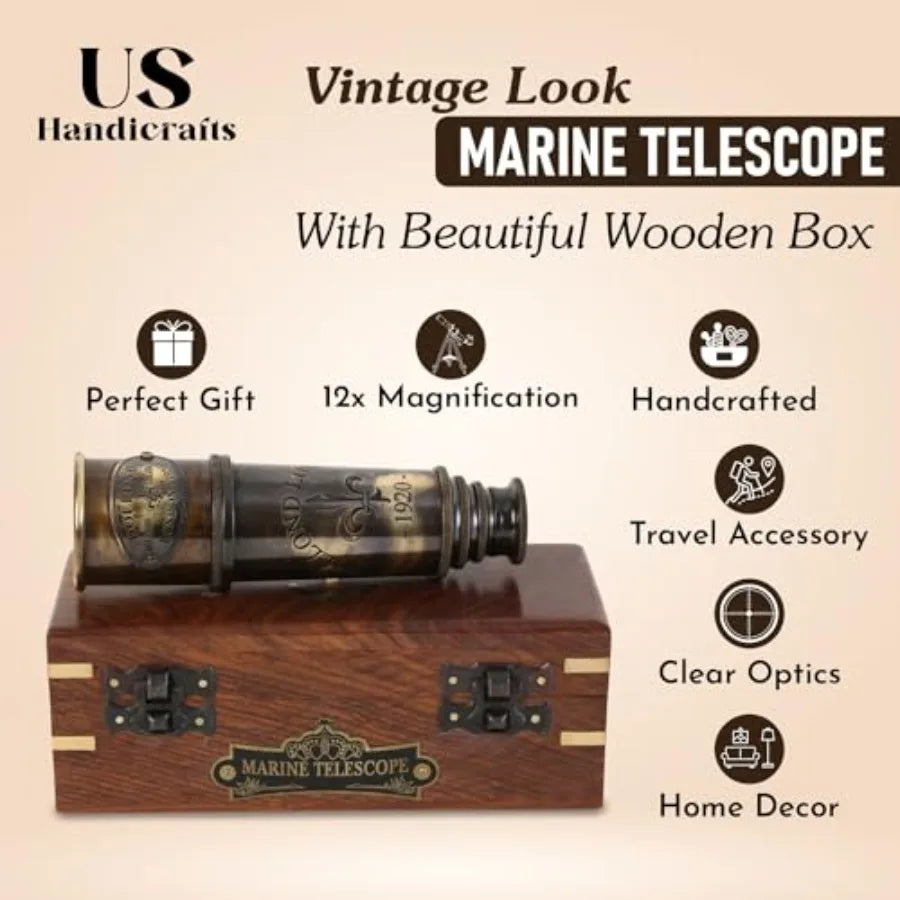 1920 Marine Telescope Vintage Brass Spyglass with Wooden Box 15 Antique Nautical Telescope Pirate Explorer Collectible Handheld