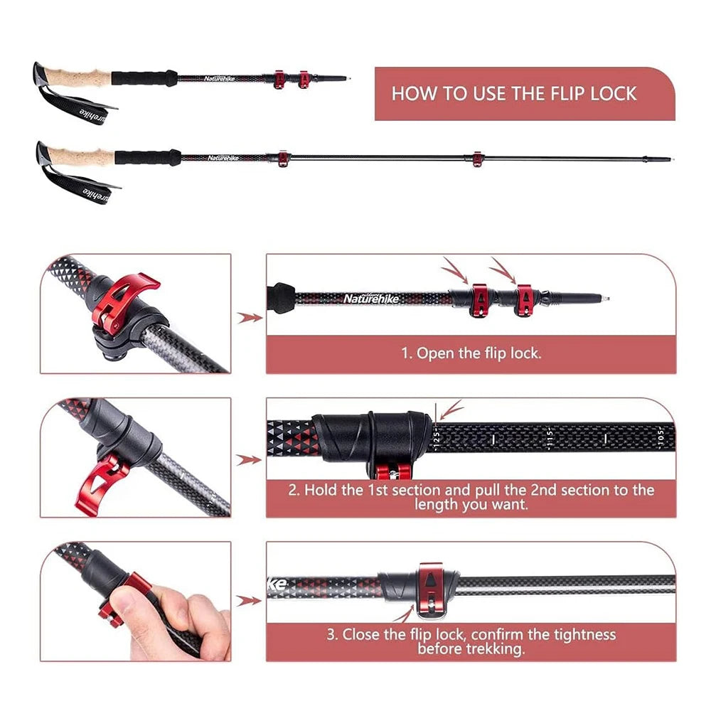 Naturehike 2PCS Trekking Poles Walking Sticks Lightweight Carbon Fiber Collapsible Telescopic Sticks Adjustment Lock Hiking Cane