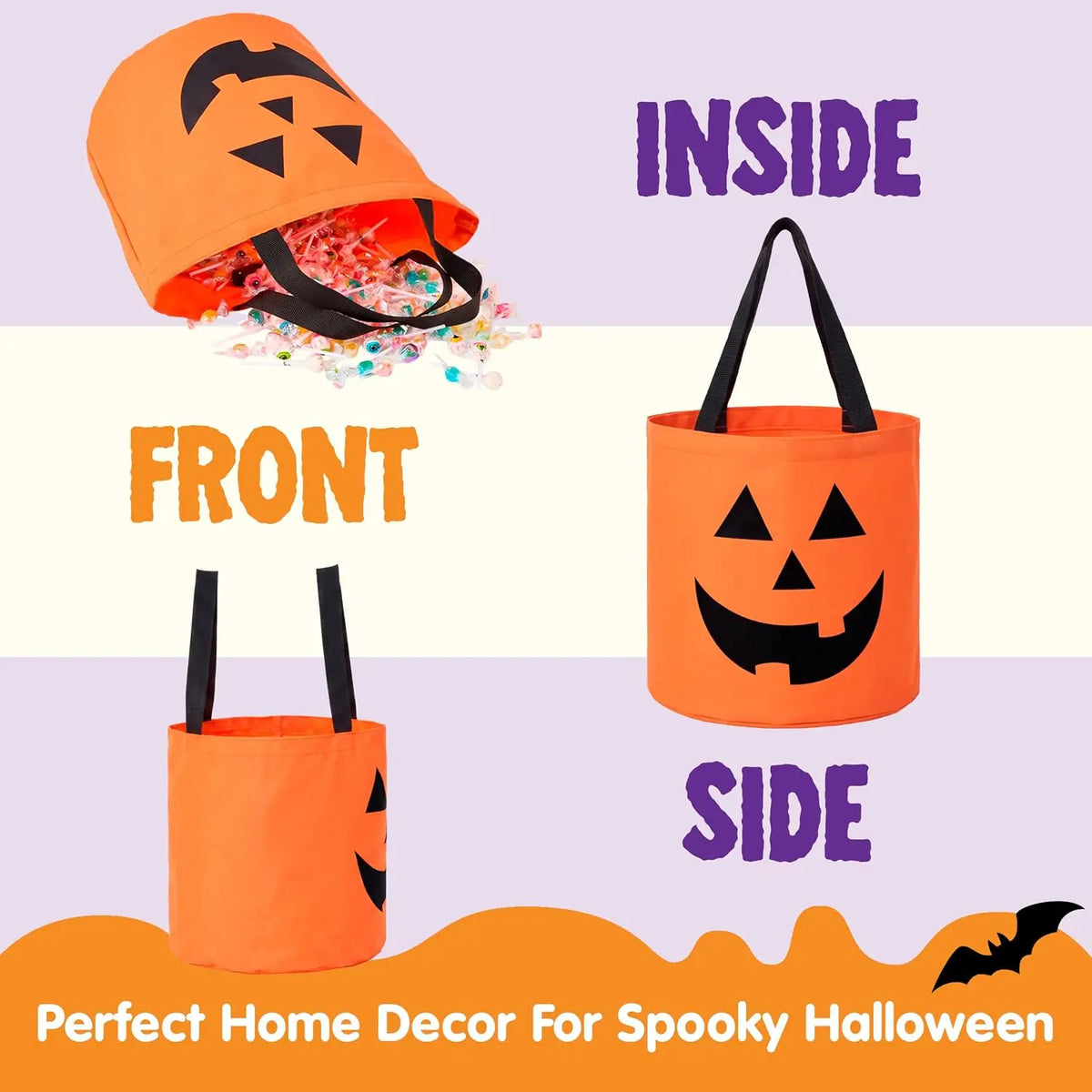 3 PCS Light Up Halloween Pumpkin Bucket 10 x 11.8 in LED Trick or Treat Bucket Orange Green Purple Reusable Goody Candy Bucket Bags for Kids Trick or Treating Party Favor Supplies