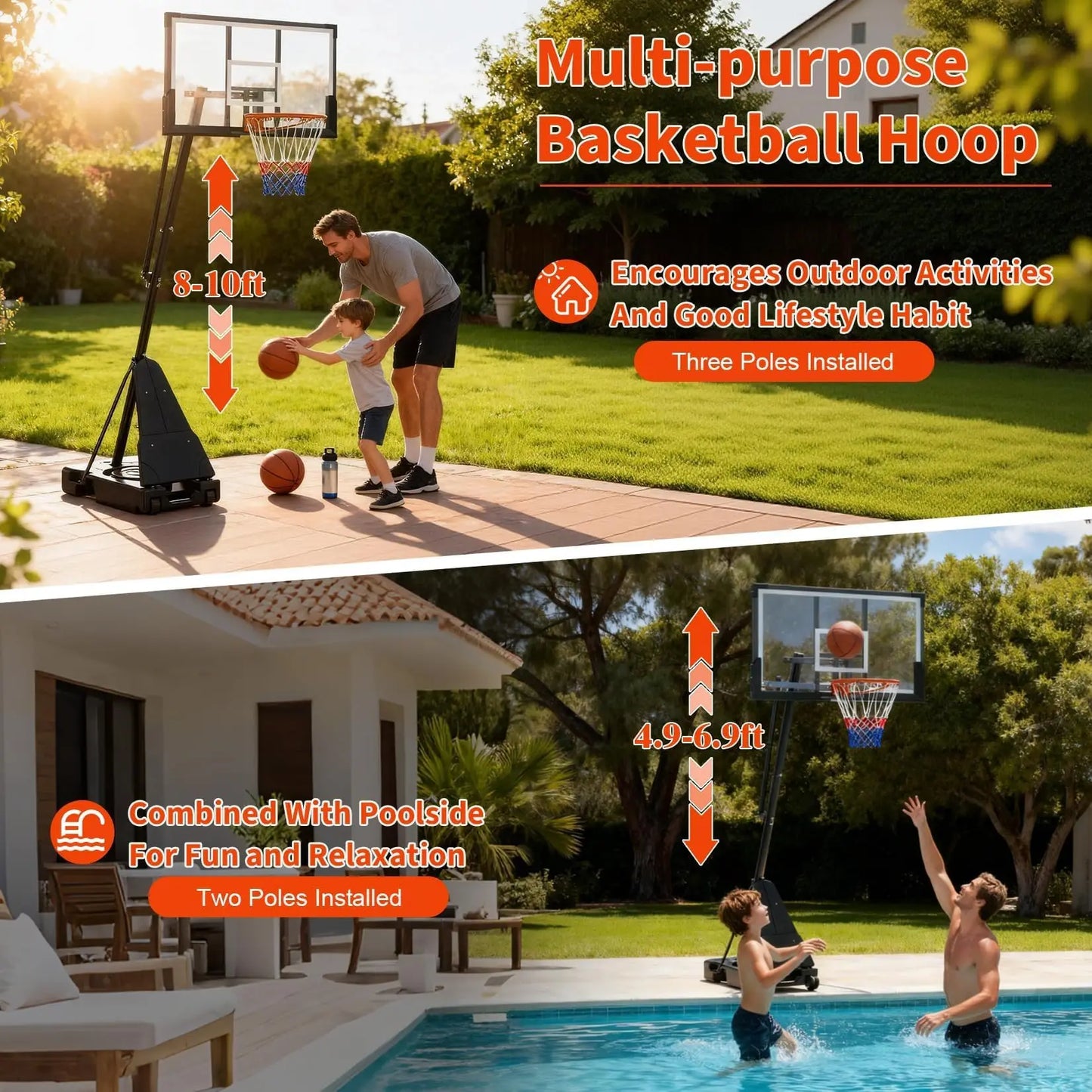 Portable Basketball Hoop System, 48-54inch Shatterproof Backboard, Adjustable Outdoor Basketball Goal with Wheels
