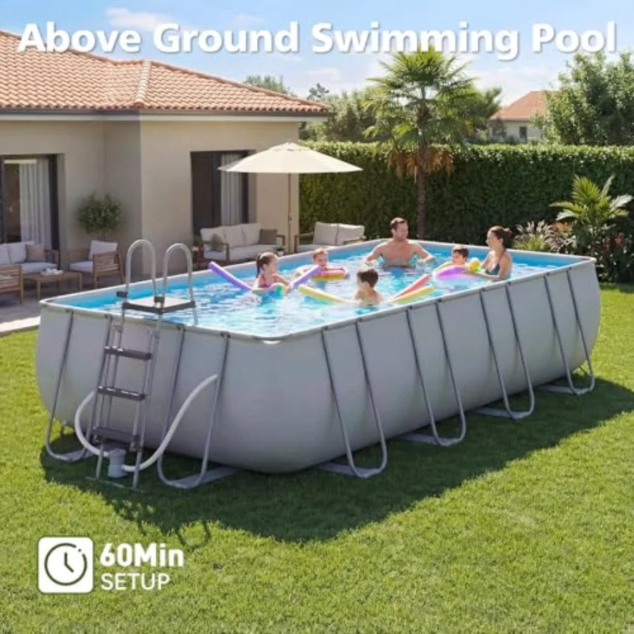 Backyard rectangular above ground pool set, steel frame with gray PVC liner, 18' x 9' x 47, includes removable ladder and filte