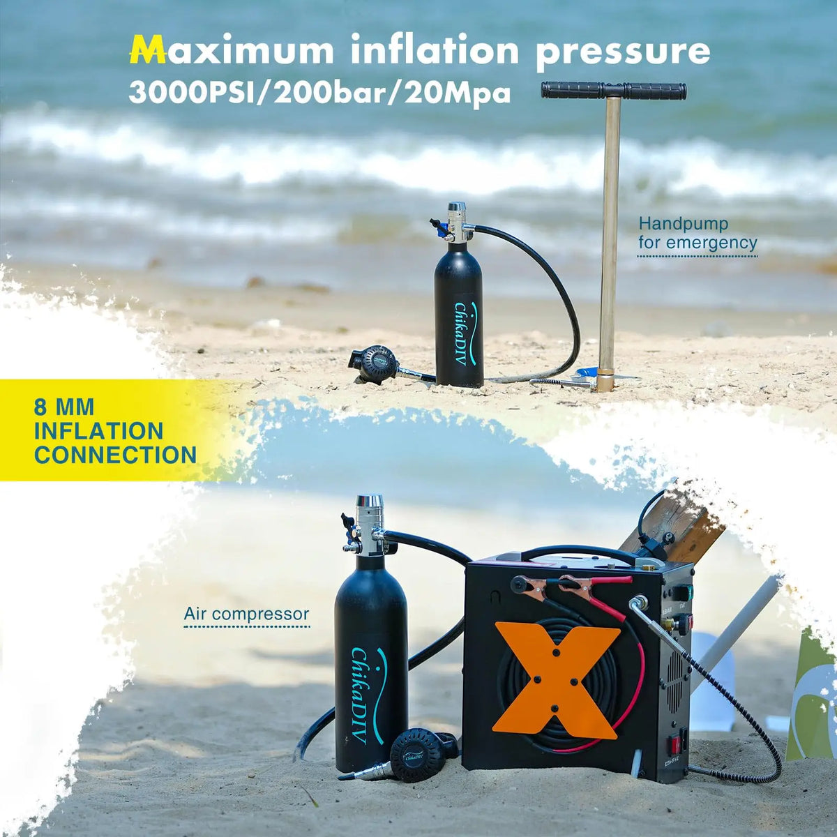 ChikaDIVE Scuba Tank–DOT Certified Mini Scuba Tank with Pump 1L Lung Tank for Underwater Breathing Reusable Portable Scuba Diving Tank Equipment Fit for Emergency Rescue