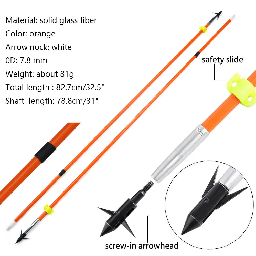 6/12pcs Fishing Arrows OD 7.8mm Solid Fiberglass Replaceable Broadheads Safety Slides Hunter Bowfishing Shooting Hunting Fish