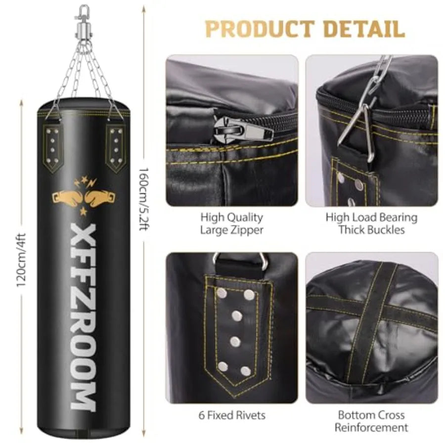 Punching Bag for Adults 4ft PU Leather Black 6 in 1 Heavy Boxing Bag Set with 12oz Gloves Hand Wraps Hanging Kit for MMA Karate
