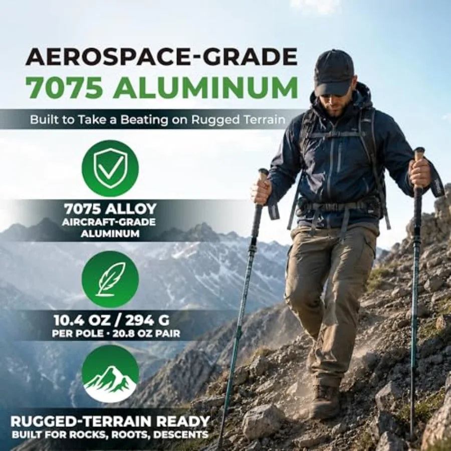 Trek-Z 2.0 Cork Trekking Pole Set - Hiking Poles Collapsible Lightweight Folding Walking Stick, 7075 Aluminum Collapsible Walki