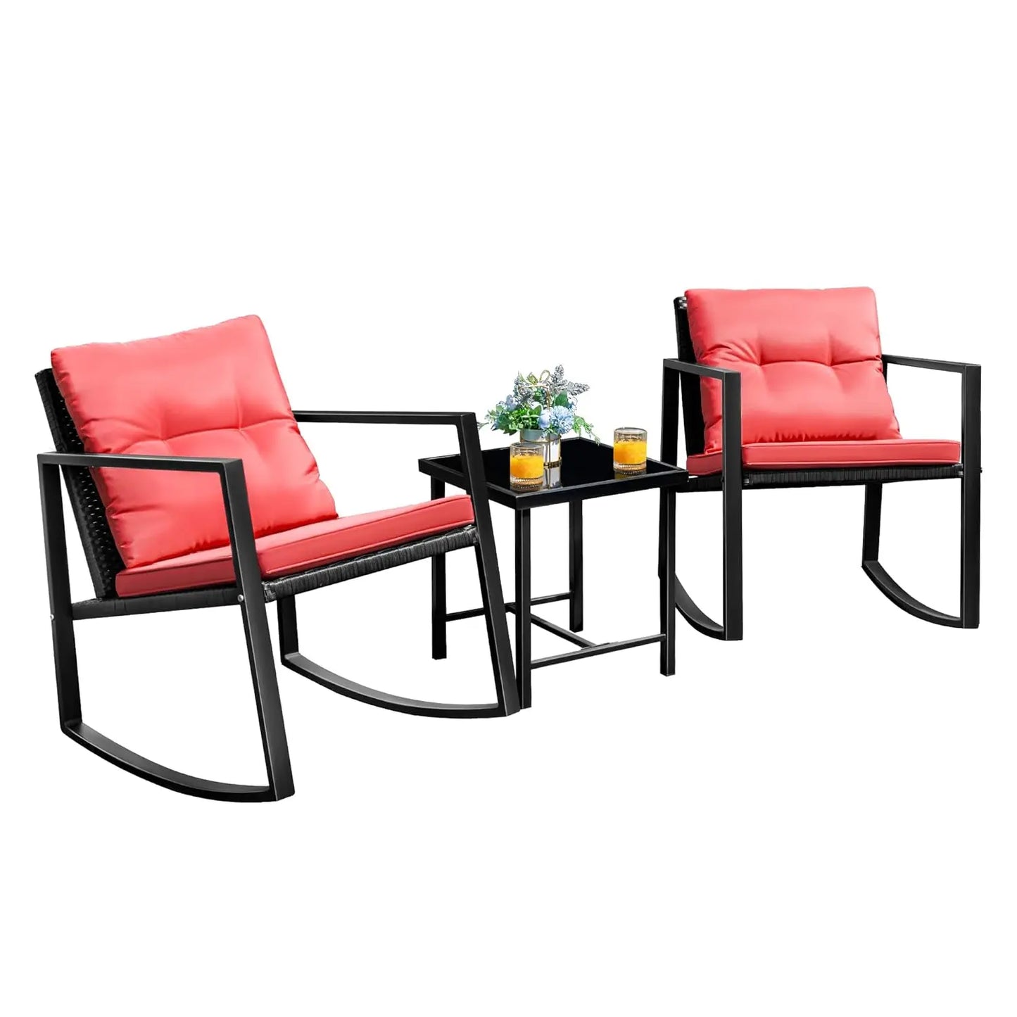 Patio Chairs 3 Piece Wicker Rocking Chair Outdoor Bistro Sets with Coffee Table and Cushions Metal Frame Patio, Customized
