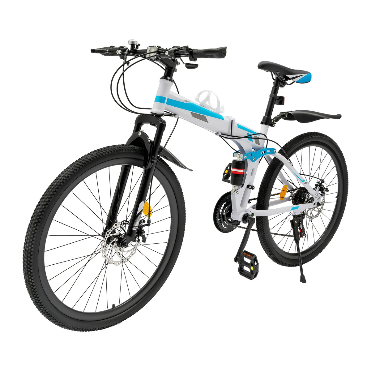 Mountain Bike, Folding Bicycle, Foldable Mountain Bike, 26 Inch 21 Speed High Carbon Steel, Double Disc Brake, Blue White, Easy Assembly, Shock Absorber, Anti-Rust Durable Frame, Outdoor Off-Road Commuter, Compact Storage, Me