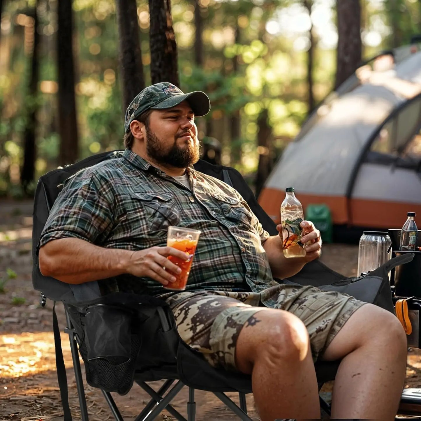 Oversized XL Camping Chair for Adults - 400lbs Heavy-Duty Padded Folding Chair with Cup Holder, Cooling Bag, Side Pocket, for Outdoor Garden Beach Fishing Lawn, Black 2pcs