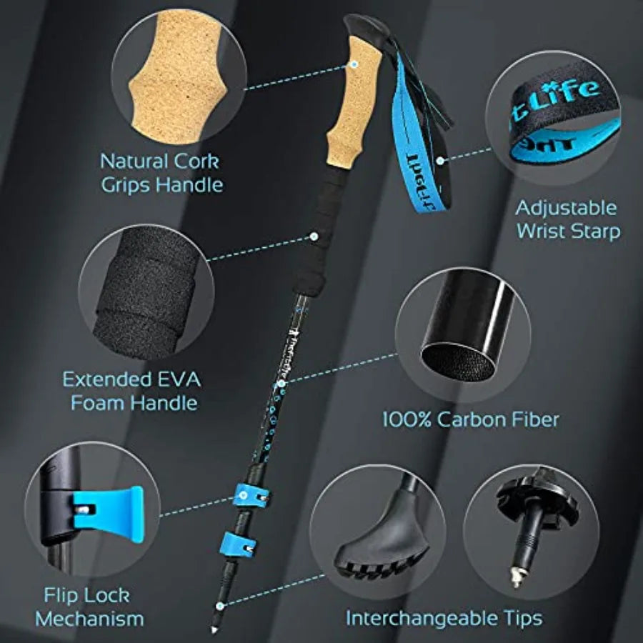 Carbon Fiber Trekking Poles Collapsible and Telescopic Walking Sticks with Natural Cork Handle and Extended EVA Grips, Ultralig