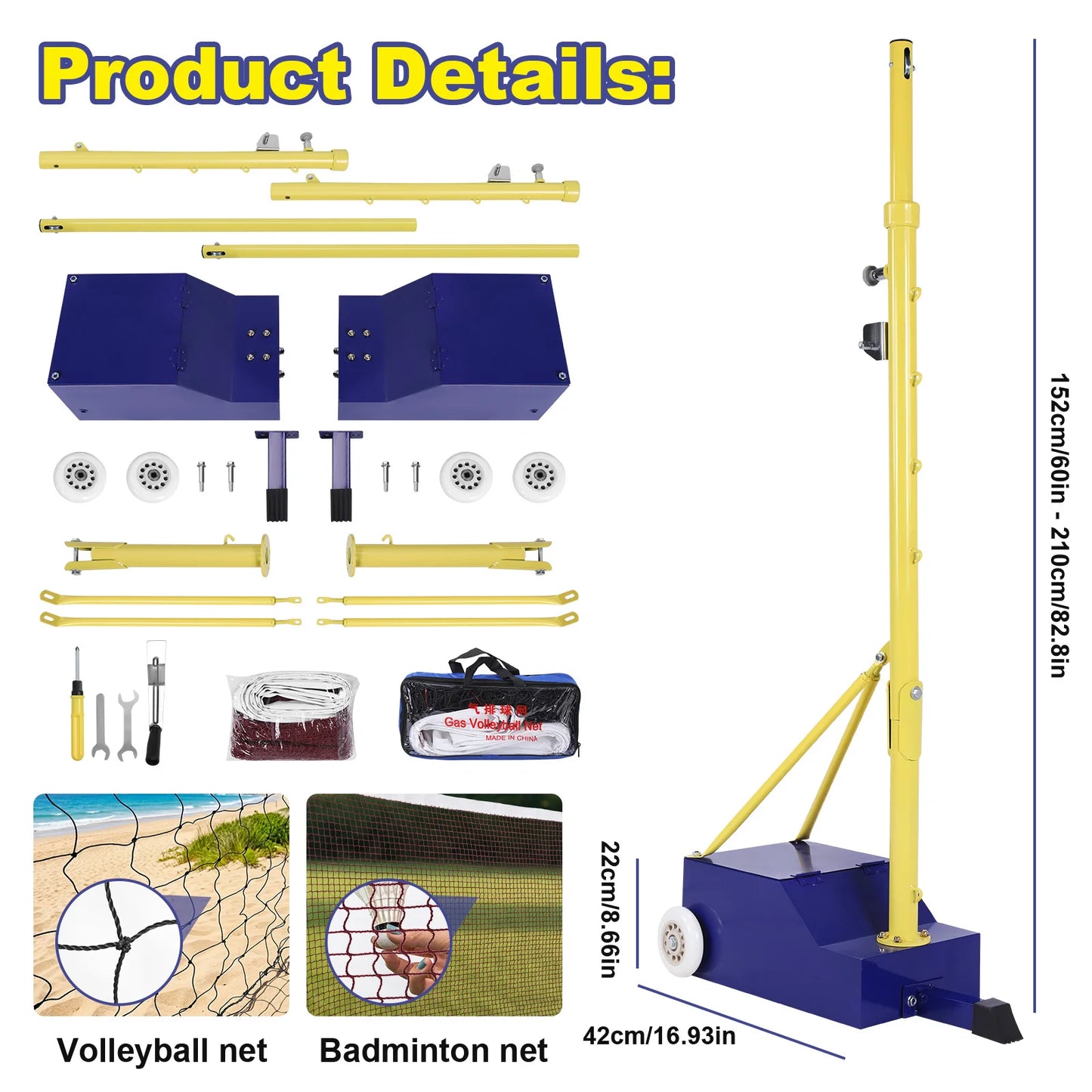 Volleyball Poles Professional Volleyball Net with Wheels & Nets 2 Height Adjustable Settings Suitable For Backyards
