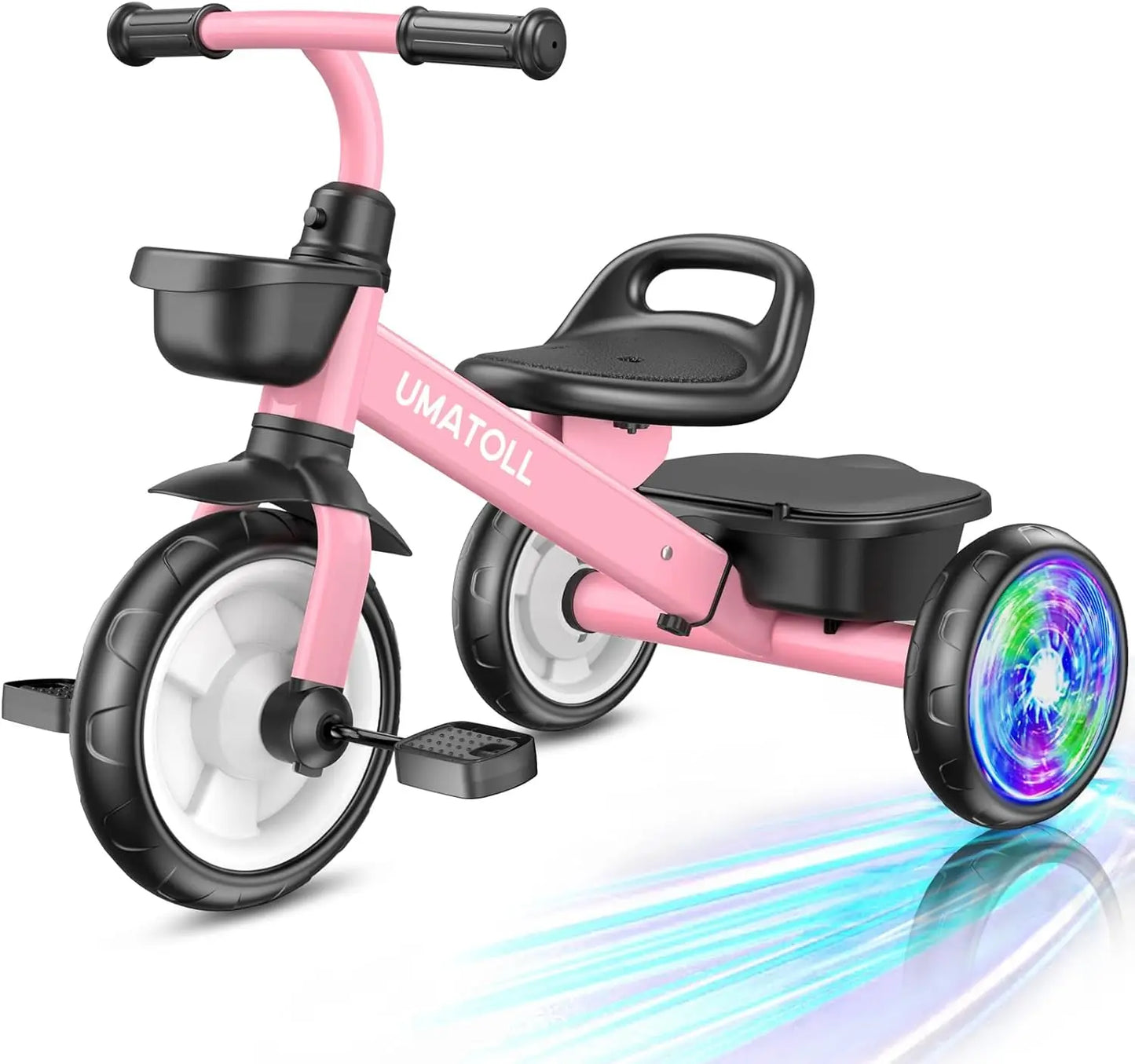Adjustable Toddler Tricycle for 2-5 Year Olds, Light-Up Wheels Outdoor Toy, Birthday Gift for Girls Age 2-4