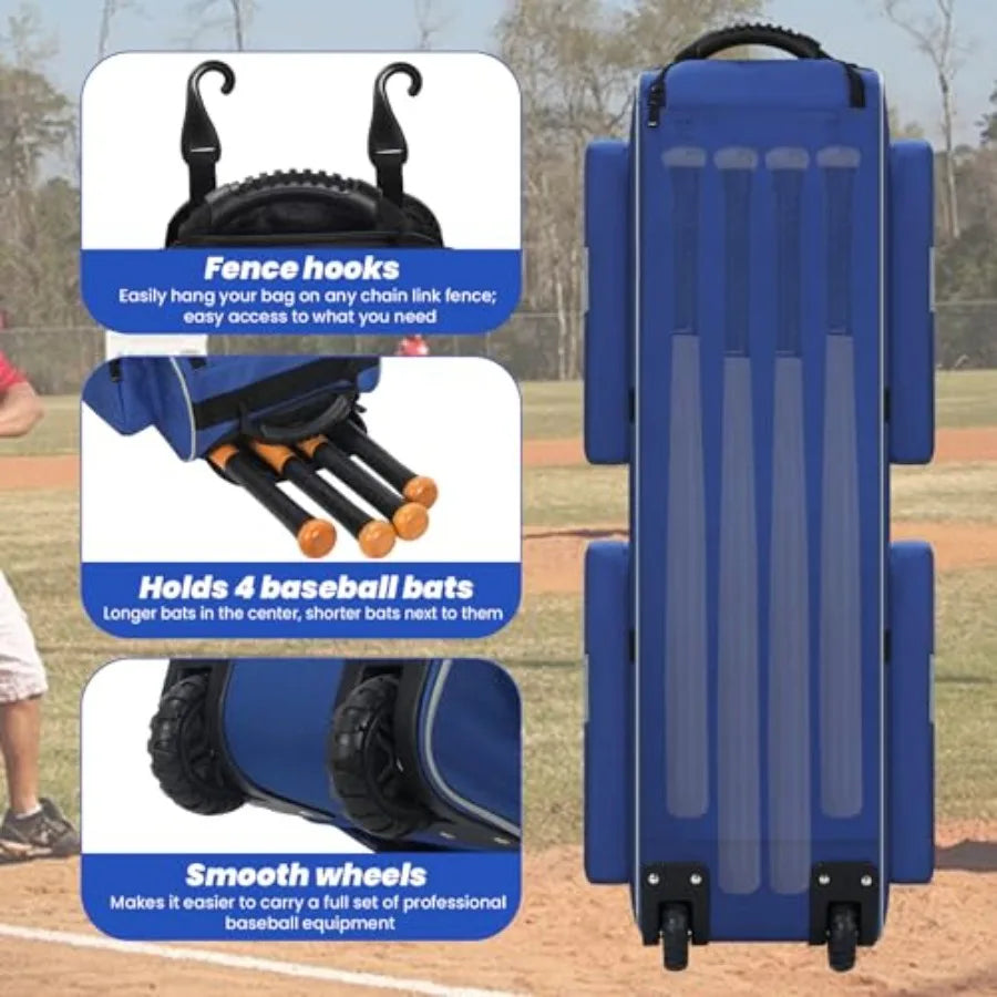 Catchers Gear Bag Baseball Bag with Wheels Large Capacity Softball Bag with Multiple Pockets and Separate Shoe Compartment Mult
