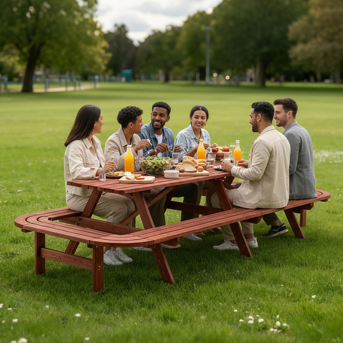 8 FT Wooden Picnic Table with Benches 14-16 Person Outdoor Patio Dining Set Large Rectangular Garden Table with Umbrella Hole Brown