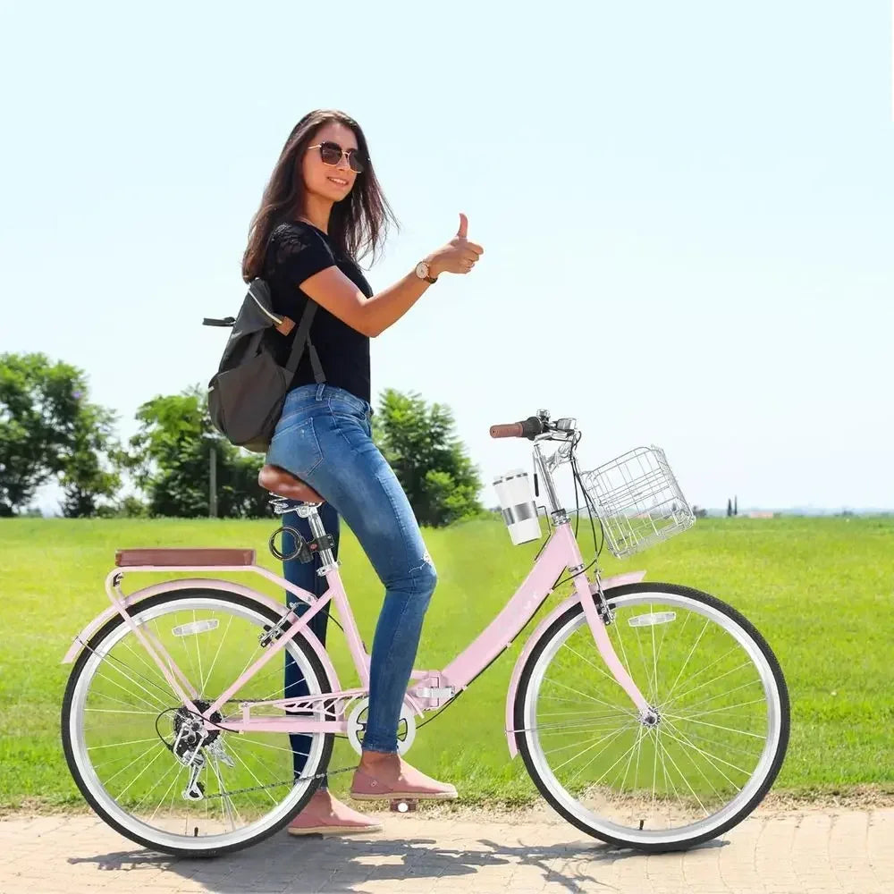 24-26 Inch Adjustable Women's Beach Cruiser Bike with 7-Speed, Basket, and Cup Holder