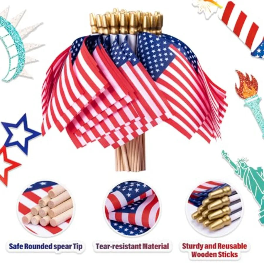 150 Pack Small American Flags on Stick, 8x12 Inch Mini US Hand Held Wooden Stick Flags with Spear Top, 4th of July Independence