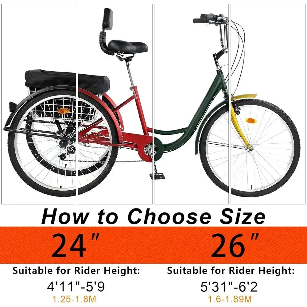 7-Speed Adult 24/26 Three-Wheeled Mountain Trike with Basket and Backrest for Men & Women in Multiple Colors