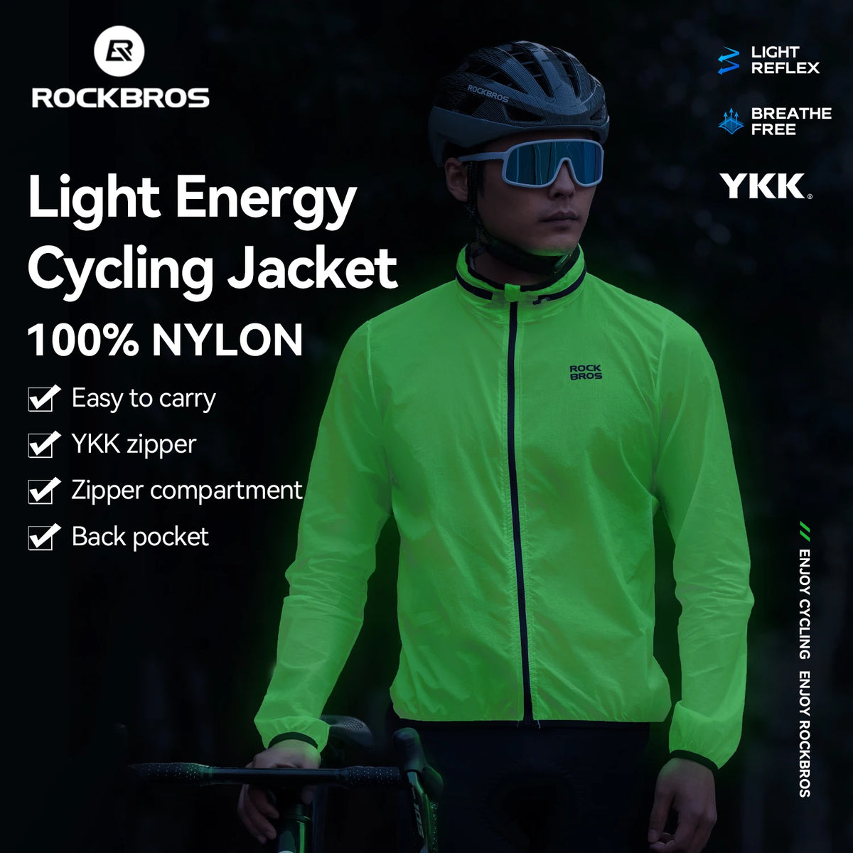 ROCKBROS Cycling Jacket Lightweight Windproof Hooded Jacket Foldable Compact Portable Fluorescent Coat Hoodie Cycling Clothing