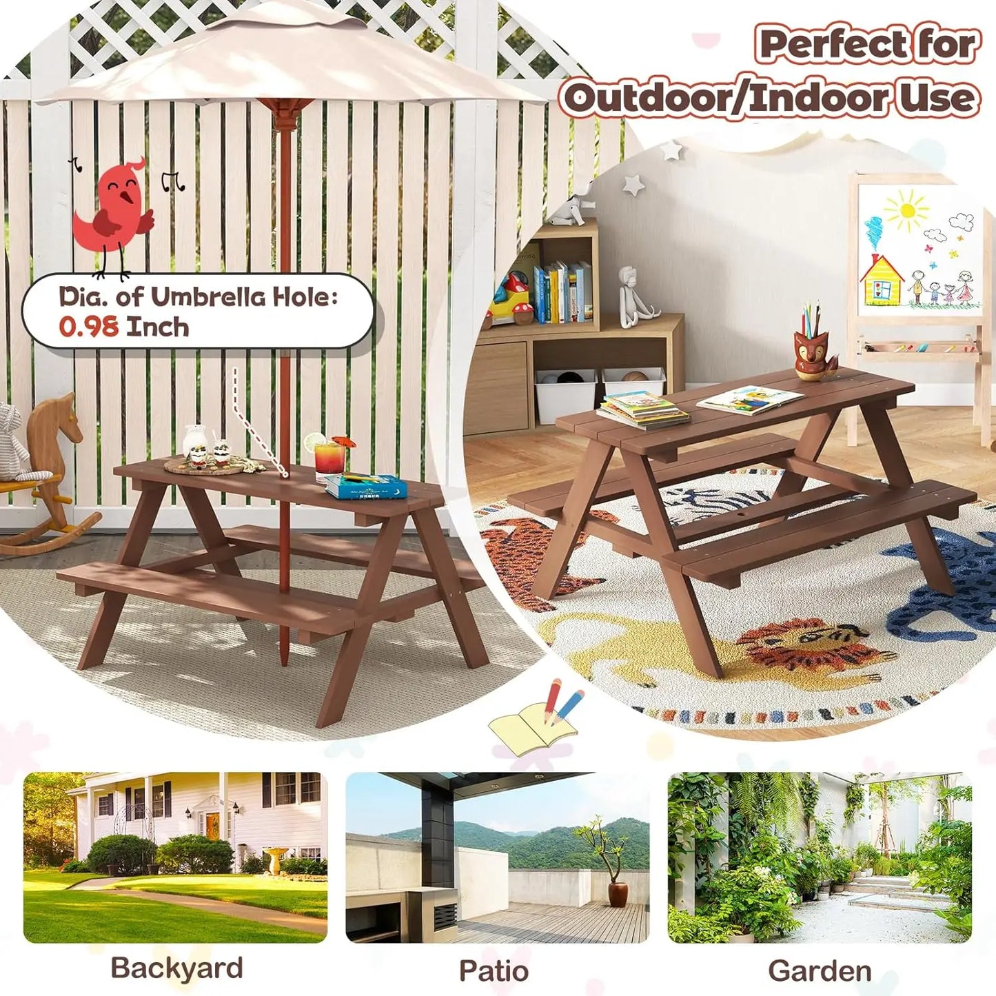 Wooden Kids Picnic Table & Bench Set with Umbrella Outdoor Patio Garden 214x107x48cm, Customized