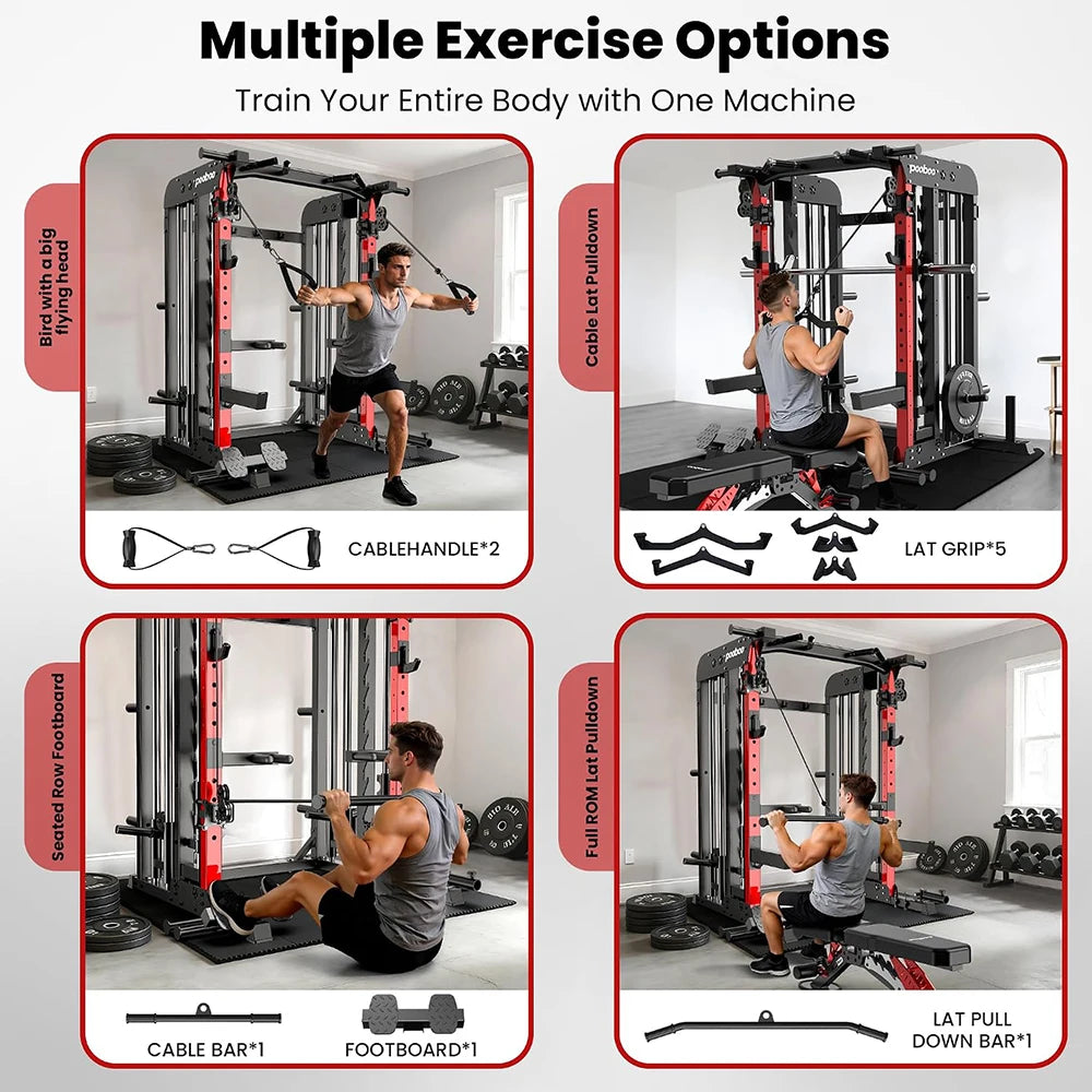 Pooboo Power Cage Smith Machine with 2000LB Squat Rack Cable System | LAT Pulldown and Dual Pulley Cable Crossover with All-in-One Home Gym Machine, Adjustable Stations and Training Attachments with Workout Bench