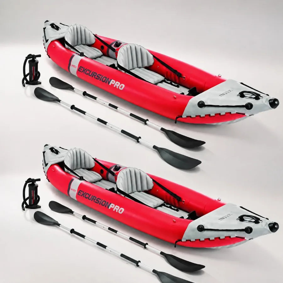 Excursion Pro Inflatable Kayak Set For Outdoor Recreation: SuperTough PVC, Blue And Gray, 2-Person With 400lb Capacity And Adju