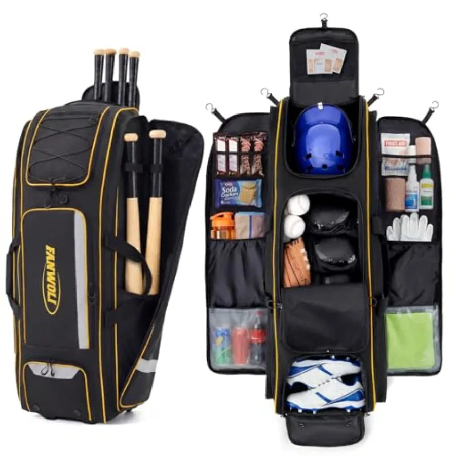 100L Rolling Baseball Catchers Gear Bag - Large Softball Equipment Duffle with Wheels Locker-Style Organizer with 5 Fence Hooks