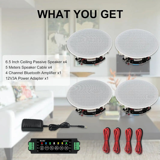 Herdio 6.5" Bluetooth Speaker In Ceiling 600W 2-Way Flush Mount Speakers System With Wall Amplifier Receiver For Home