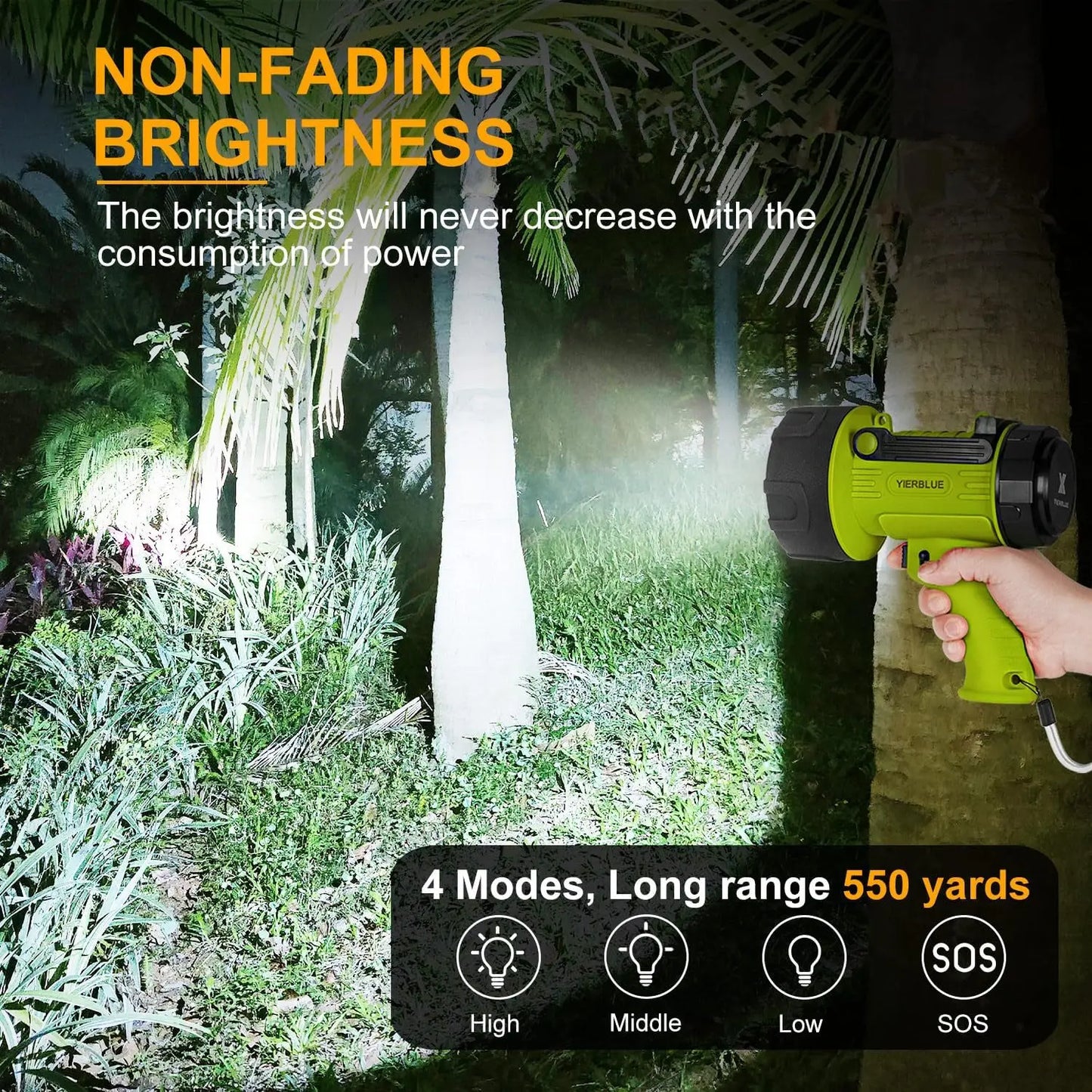 200,000 Lumen Rechargeable Spotlight, IP67 Waterproof, 550 Yard Beam, Long Running, Foldable Stand & Red Lens