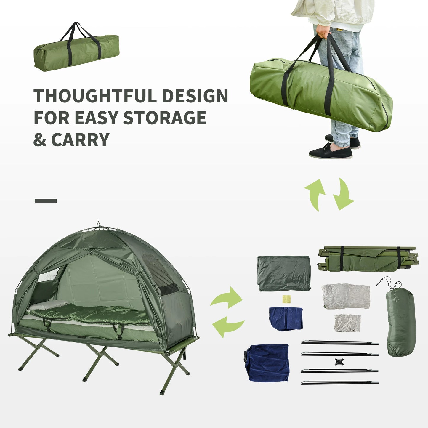 All in One Camping Tent Cot Combo with Air Mattress Sleeping Bag Pump 225lbs Capacity Portable Outdoor Gear Set for Backpacking