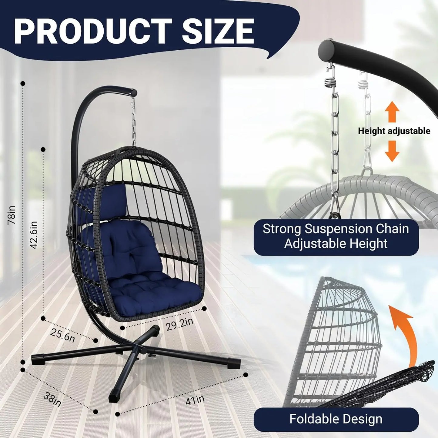 Rattan Wicker Hanging Swing Egg Chair with Stand Hammock Chair Thickened Aluminum for Porch Garden, Customized