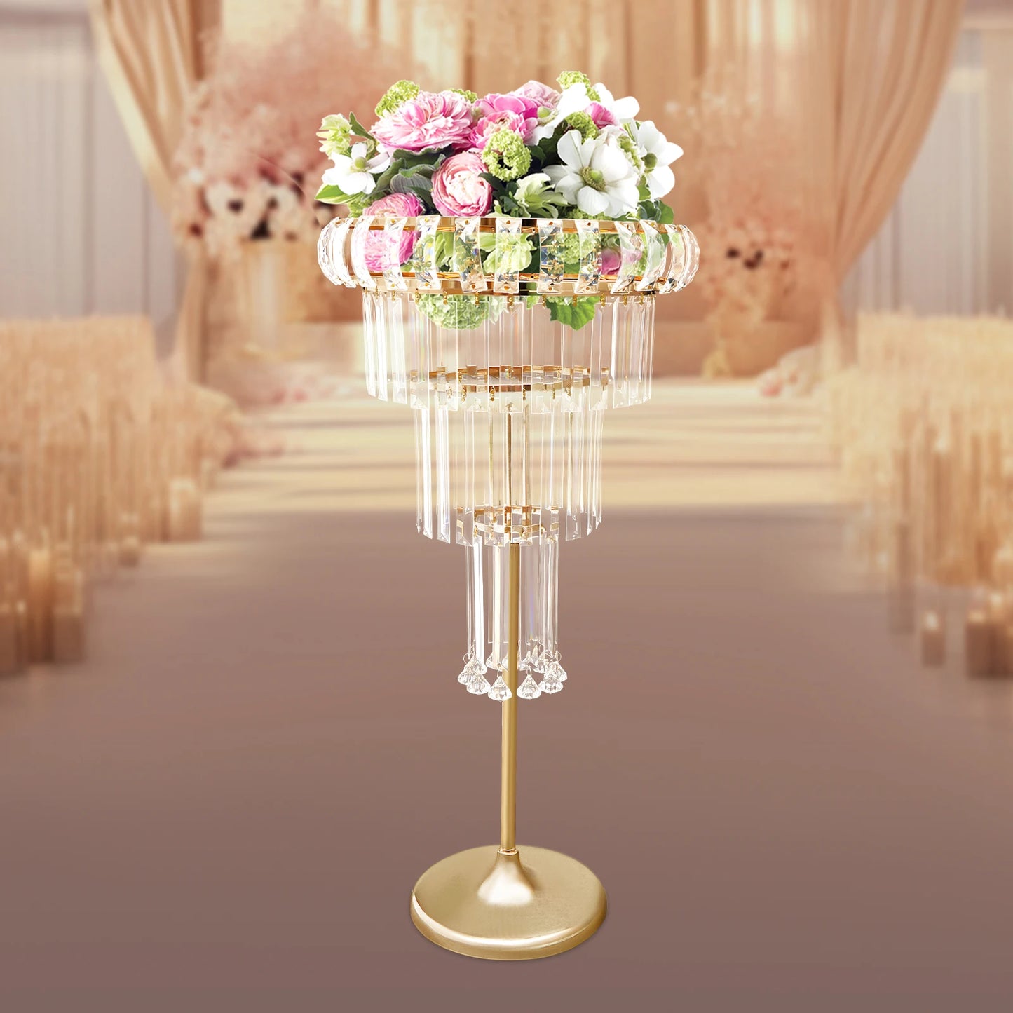 Crystal Wedding Flower Stand, 5 Tier Crystal Flower Stand with Ice Curtain and Gold Frame, Wedding Centerpiece Decor
