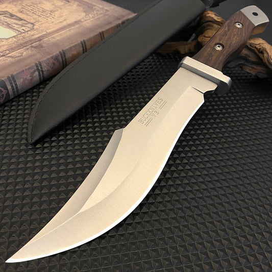 Stainless steel hunting knife with a wooden handle, paired with a black leather sheath, an essential tool for adventurers