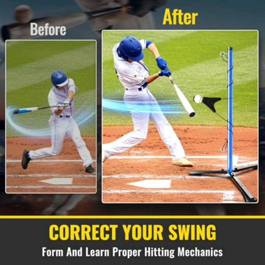 Youth Baseball Swing Trainer with Auto-Reset Adjustable Ball Hght Hitting Trainer with Real Ball Stable Triangle Base Softball