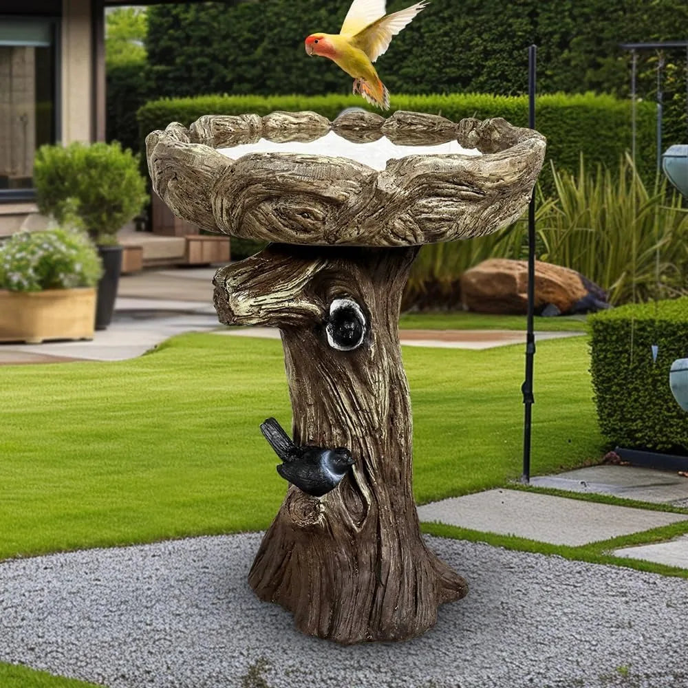 23” Tall Fibre Reinforced Concrete Birdbaths with Birds for Patio, Woodland Tree Trunk Decorative Outdoor Bird Bath