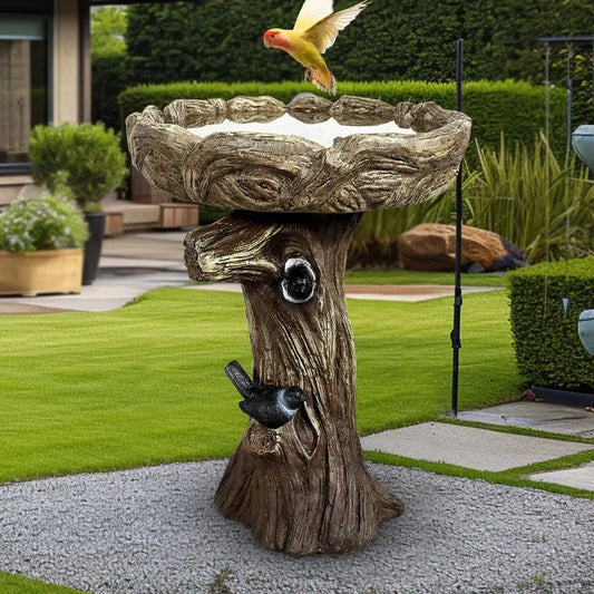 23” Tall Fibre Reinforced Concrete Birdbaths with Birds for Patio, Woodland Tree Trunk Decorative Outdoor Bird Bath