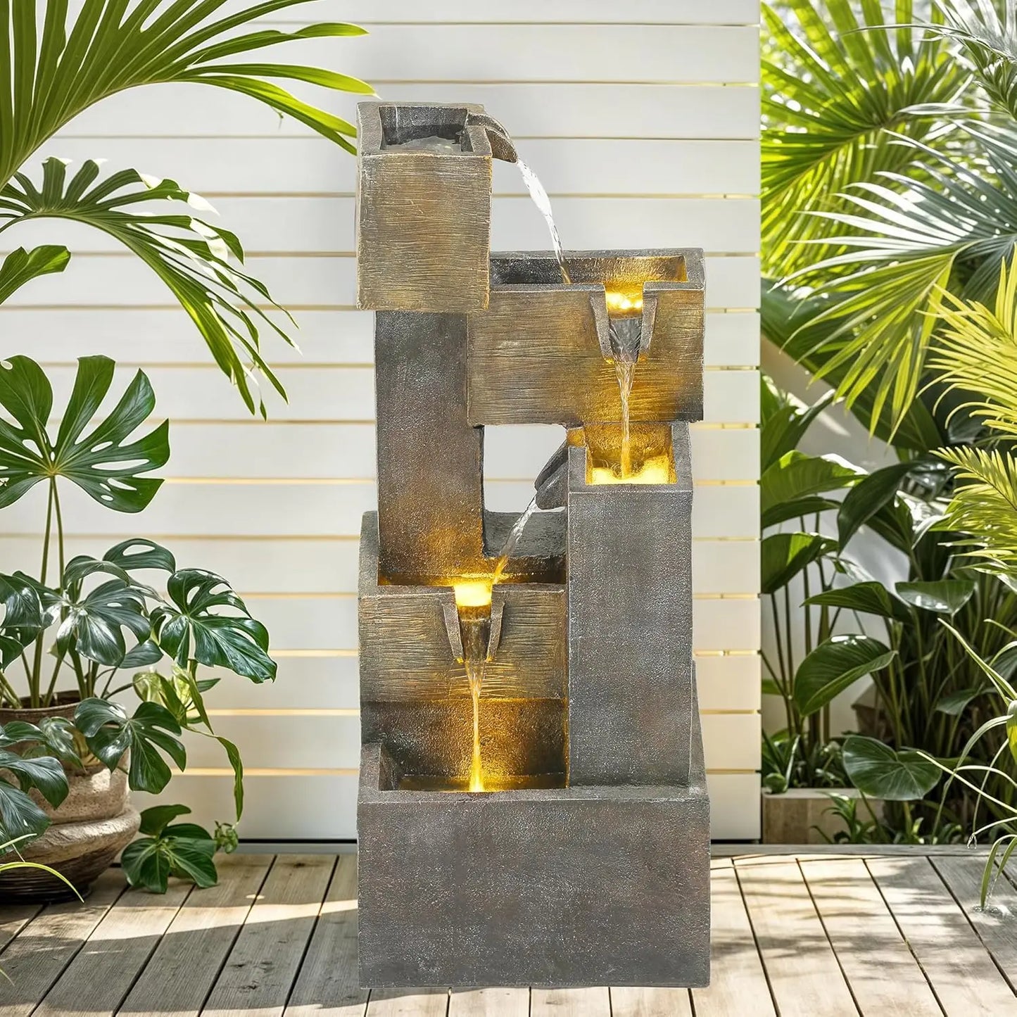 32.5" Modern Outdoor Water Fountain with LED Lights, 5-Tier Stacked Blocks for Garden, Patio, Backyard Relaxation
