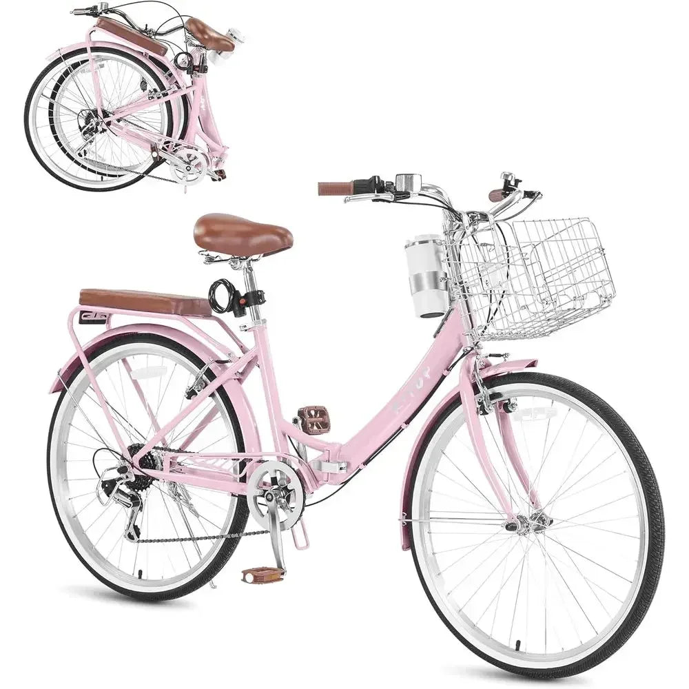 24-26 Inch Adjustable Women's Beach Cruiser Bike with 7-Speed, Basket, and Cup Holder
