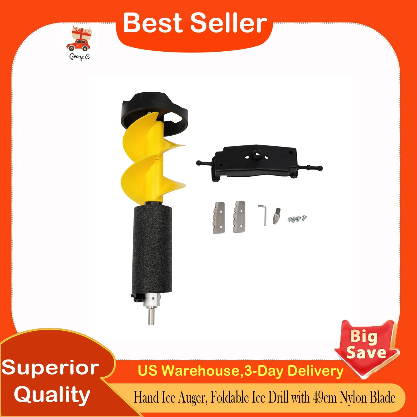 Hand Ice Auger, Foldable Ice Drill with 49cm Nylon Blade for Winter Fishing, Durable and Portable, Yellow