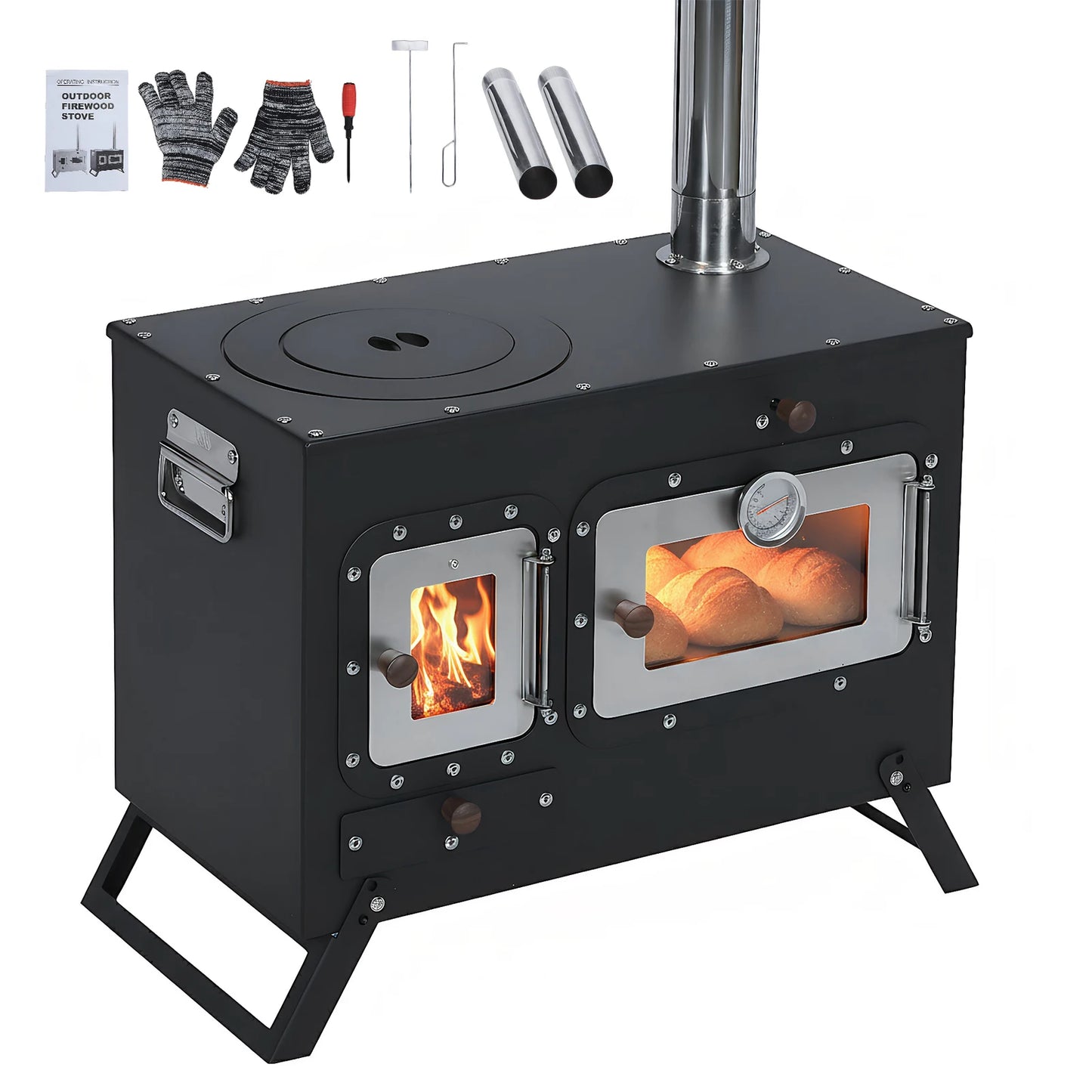 Hot Tent Stove with Chimney Pipe Folding Portable Wood Stove with Oven for Outdoor Heating & Cooking Ice Fishing Hunting